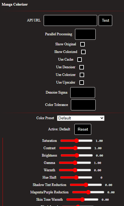 AI9 Firefox extension popup, showing the real color adjustment sliders, presets, and API URL field, rendered directly from the committed popup.html and popup.css.