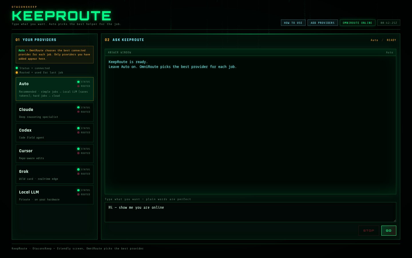 KeepRoute with a typed prompt ready to send