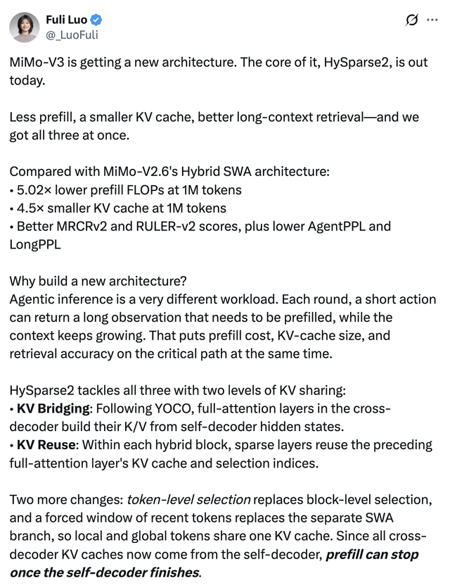 MiMo-V3 is getting a new architecture. The core of it, HySparse2, is out today.